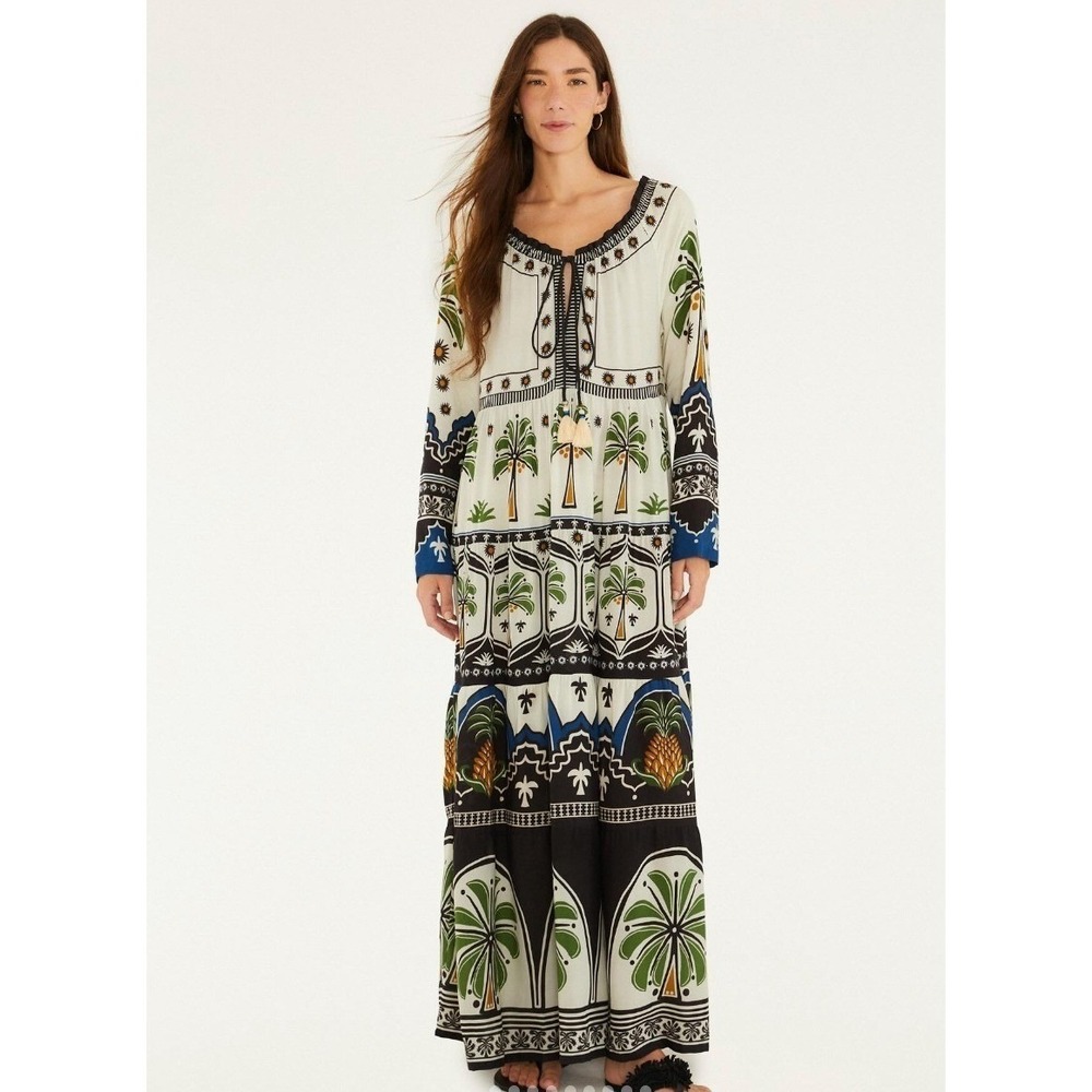 Farm Rio Maxi Dress Womens Medium Tropical Palm Print 100% Viscose Summer Boho